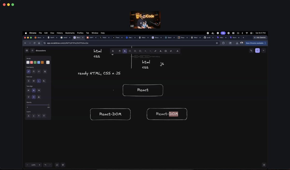 Soumyad39063133's tweet image. Started learning React today ⚛️

Had a great session with @Hiteshdotcom  Sir and @piyushgarg_dev  sir — finally understood how modern UIs actually work.

It’s a big shift from static pages to building dynamic, interactive interfaces.

#ReactJS #Frontend #WebDevelopment #ChaiCode