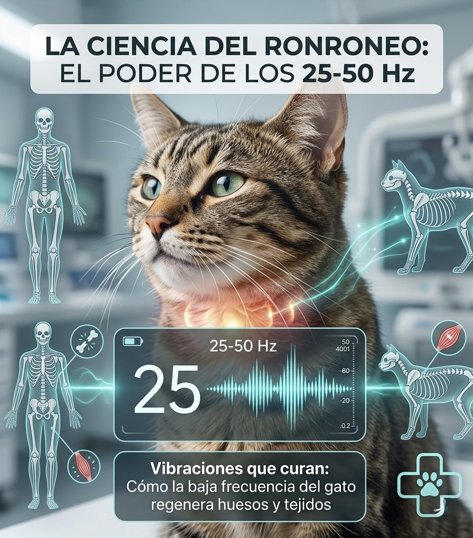 JavierRamosTech's tweet image. ¿Sabías que el ronroneo del gato (25-50 Hz) coincide con las frecuencias usadas en medicina para regenerar huesos y tejidos? 🐈🦴No es solo un sonido de felicidad, es una herramienta biológica de autocuración. ¡Ciencia pura! 🧬✨
#Gatos #Ciencia #Salud #DatosCuriosos