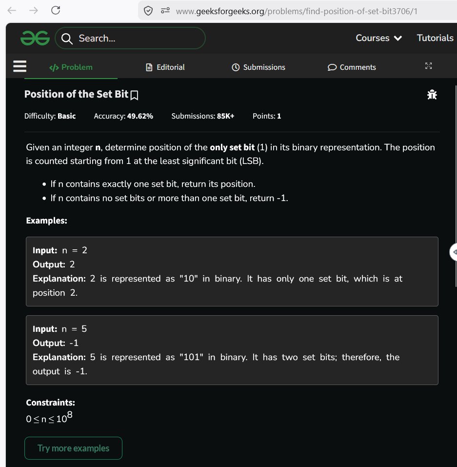 AnujUpadhayay07's tweet image. #Day 78
Solved the "Position of the Set Bit" problem on @geeksforgeeks  in collaboration with @NPCI_NPCI 

Traverse the number bit by bit and find the position of the set bit (valid only if exactly one set bit exists)

TC: O(log n)

#GeekStreak60 #GeeksForGeeks #DSA