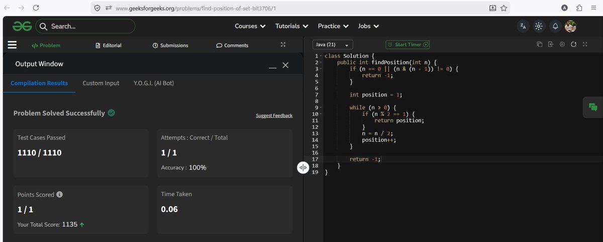 AnujUpadhayay07's tweet image. #Day 78
Solved the "Position of the Set Bit" problem on @geeksforgeeks  in collaboration with @NPCI_NPCI 

Traverse the number bit by bit and find the position of the set bit (valid only if exactly one set bit exists)

TC: O(log n)

#GeekStreak60 #GeeksForGeeks #DSA