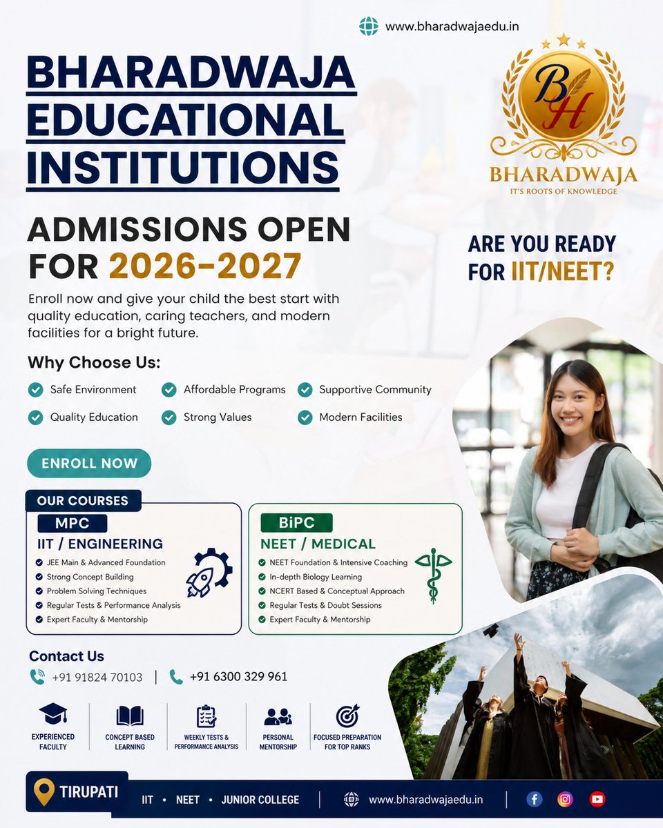 Bharadwajainst's tweet image. 🎯 Specialized coaching for IIT-JEE &amp;amp; NEET 

📚 Concept-based learning approach 

👨‍🏫 Experienced &amp;amp; expert faculty 

#AdmissionsOpen #IITJEE #NEET2026
#MPC #BiPC #Tirupati #StudySmart
#FutureDoctors #FutureEngineers