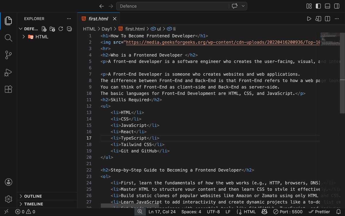 romisingh_00's tweet image. Day 1 of my Web Development Journey 🚀
Built my first HTML webpage: “How to Become a Frontend Developer”. 
What I learned today:
• Basic HTML structure
• Headings (h1, h2)
• Lists (ul, li, ol)
Excited to keep learning and building step by step 💻
#WebDevelopment #HTML #DAY1