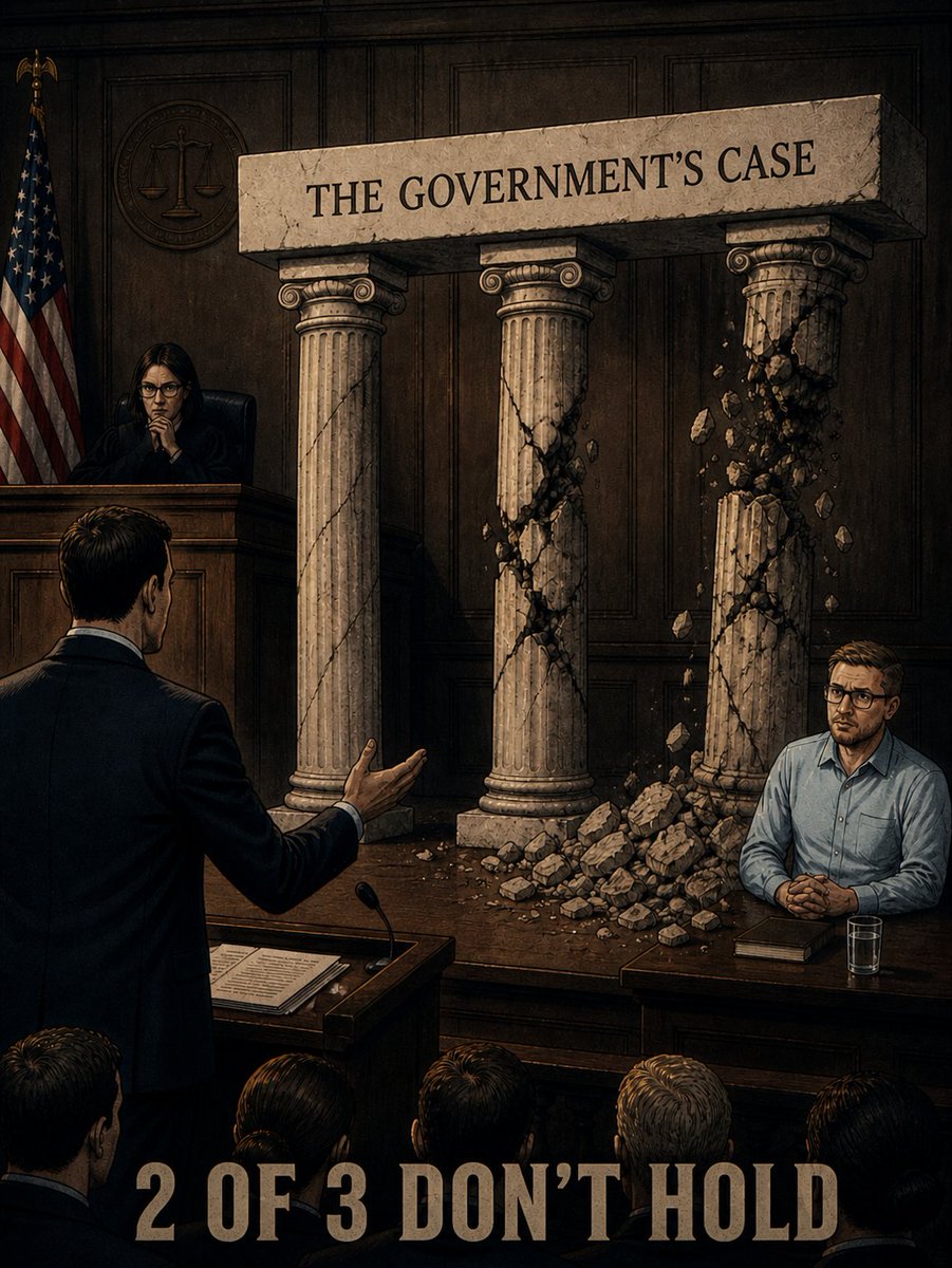 CourtCartoons's tweet photo. The jury hung on 2 of 3 counts. That alone tells you how thin the government's case was. At Rule 29 oral argument, the prosecution's theory was visibly struggling under the weight of its own contradictions. https://t.co/DVlma4Mwci