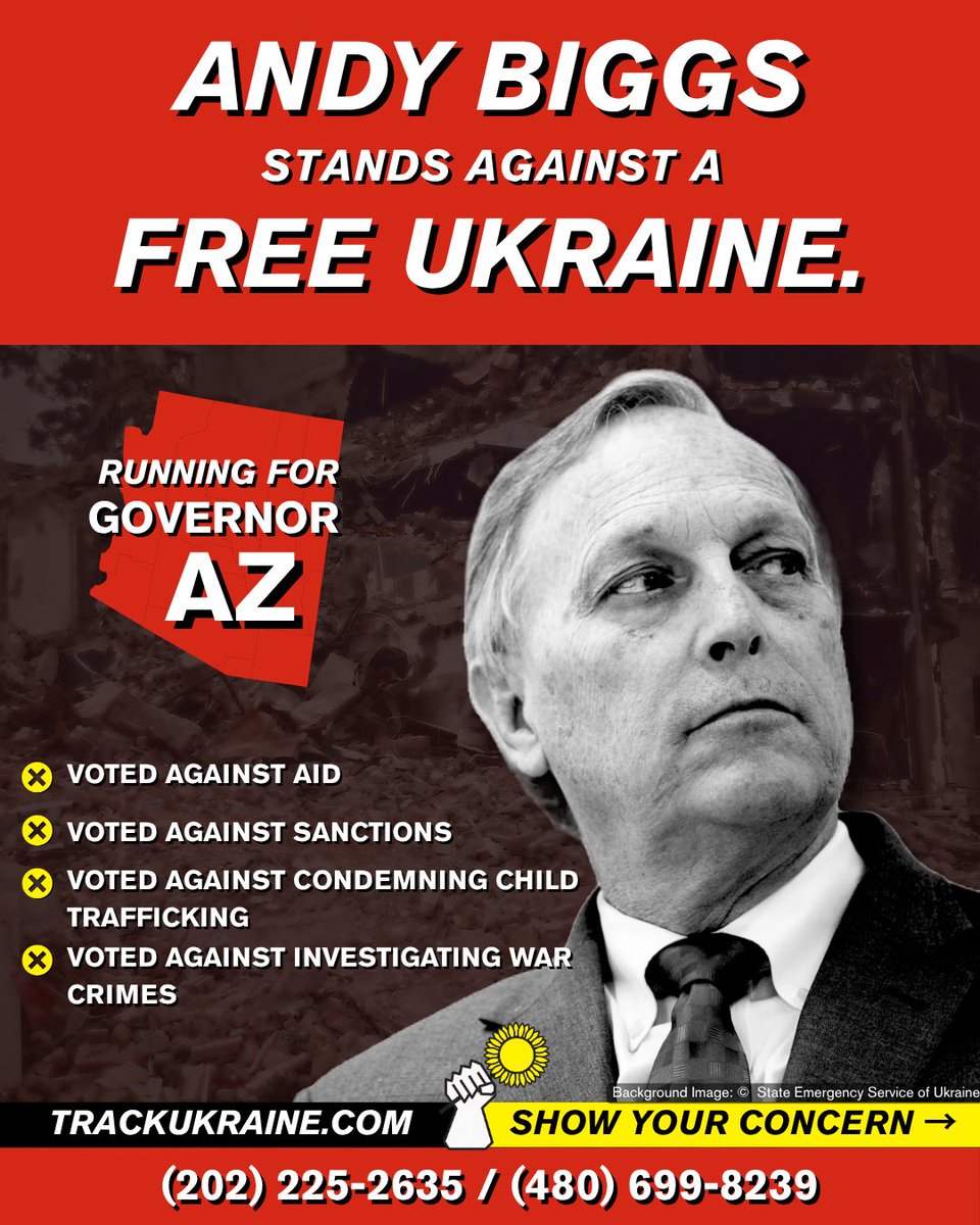 TrackUkraine's tweet photo. Congressman @andybiggs4az has been a consistent voice against supporting Ukraine. Having voted against every single Ukraine aid package. Voted against sanctions. And wouldn't support legislation to share information on Russian war crimes with the International Criminal Court. https://t.co/Gv1n0nfxtC
