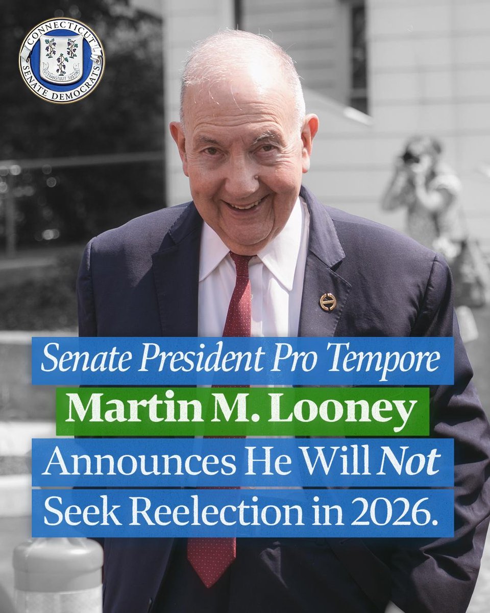 CTSenateDems's tweet photo. Bittersweet news! Thank you, Senator Looney, for your tremendous impact on the people of this state. 

Senate President Pro Tempore Martin M. Looney Announces He Will Not Seek Reelection in 2026

Full statement: https://t.co/Xajy7kKA9I https://t.co/tKZxucE6BB