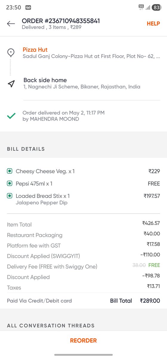 Gonee3Me's tweet image. Extremely poor experience with Swiggy &amp;amp; Pizza Hut.
Order #236710948355841 (₹289): • Delivered late → food arrived cold
• Wrong items delivered (ordered cheesy &amp;amp; stuffed, received plain)
• Shared photo proof on app 

#Swiggy #PizzaHut #CustomerExperience #ConsumerRights