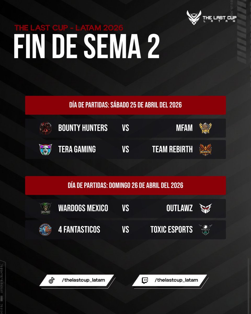TheLastCup_LTM's tweet image. 🔥 SEMANA 2 🔥La liga continúa y cada partida empieza a pesar.

Nuevos enfrentamientos, mismo objetivo: ganar. 🎮¿Quién tomará ventaja en la tabla? 👀

#TheLastCupLatam #Esports #CallOfDuty