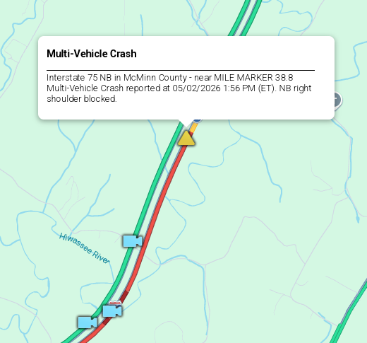 LiveTraffic2's tweet image. McMinn County- A crash being cleared on I-75 northbound at 38 mm 2:33pm ET. commanderchuck.net #CommanderChuck #Chattanooga #Tennessee #TDOT #Traffic #TrafficAlert #Follow #Weather