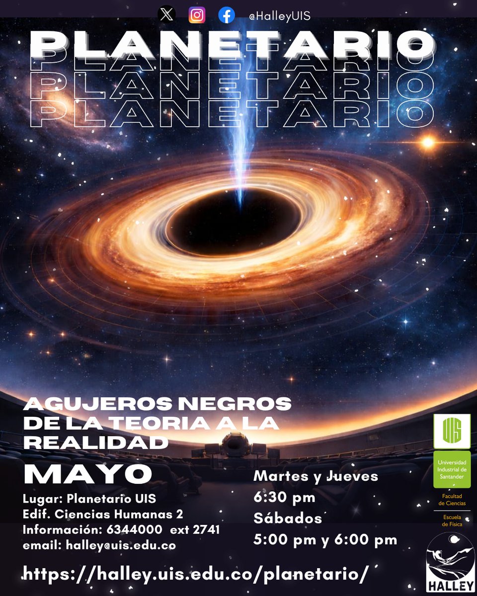 halleyUIS's tweet photo. 🌟 ¡Mayo en el Planetario Halley UIS! 🌠
"agujeros negros de la teoría a la realidad" 🕳️

🌌 ¿Sabías que los agujeros negros tienen una gravedad tan intensa que nada, ni siquiera la luz, puede escapar de ellos? 😯

✨ Ven y explora los misterios de los agujeros negros https://t.co/CnkosgqyVU