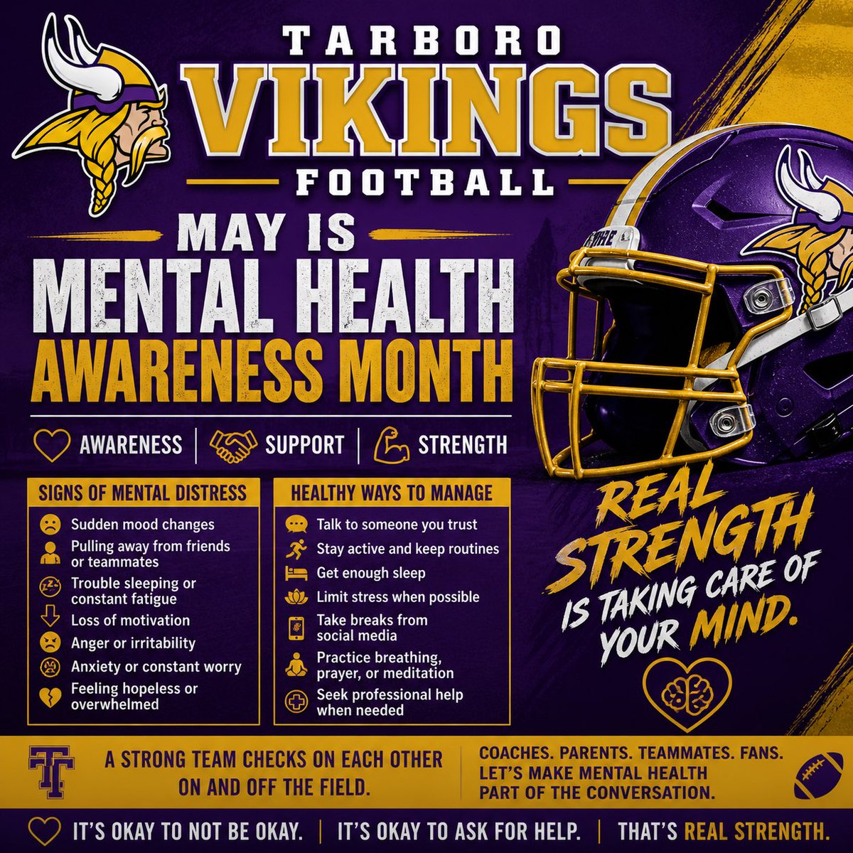 TarboroFootball's tweet photo. Football players are known for being tough, disciplined, and resilient—but real strength also means taking care of your mental health. Behind the helmets and shoulder pads are young men dealing with pressure, expectations, school, family, injuries, and everyday life. https://t.co/KEWqwOim7G