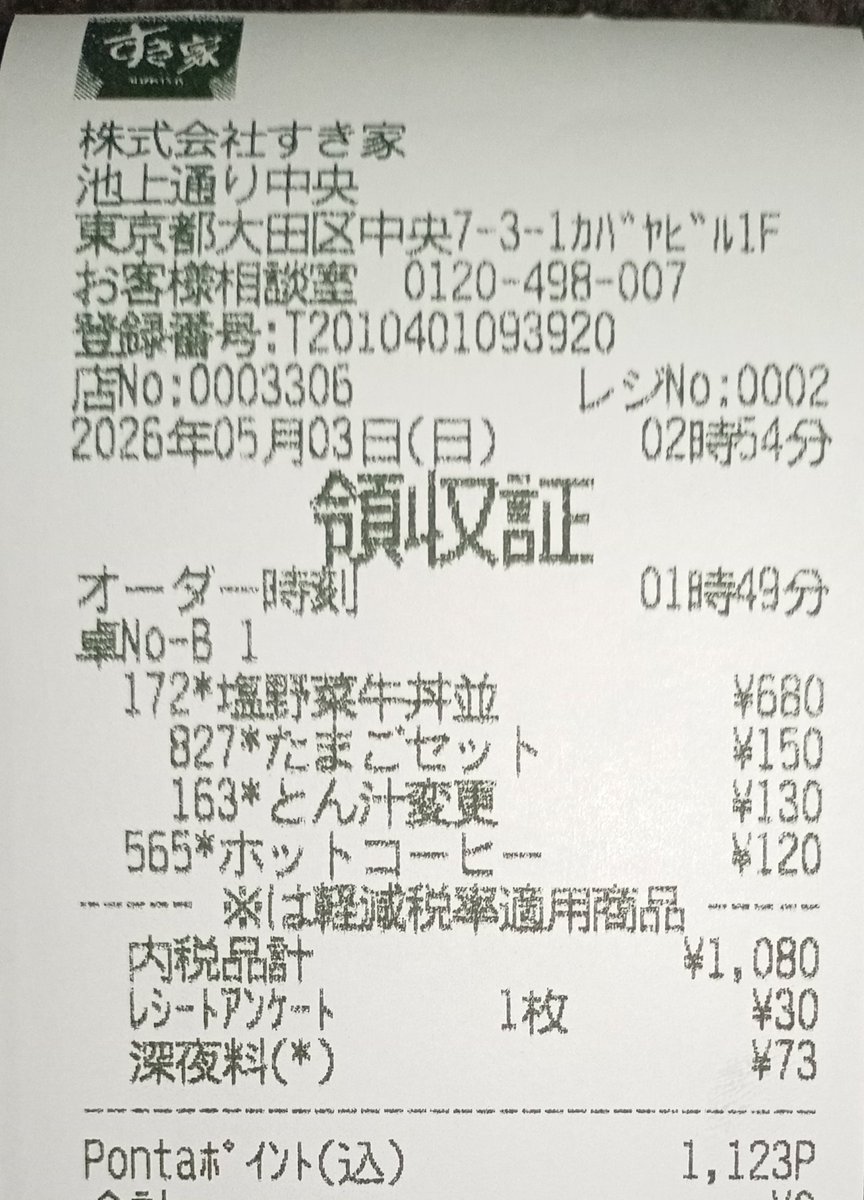 コーヒーとレシート #すき家