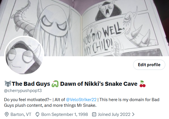 cherrypushpop13's tweet photo. My latest profile layout for May 2026 here on backup as well! I'm quite satisfied about how this turned out btw, what do you all think hmh? heh, it even got Mr Snake's quote he says from the face he makes on my pfp ^_^ https://t.co/cz8FVN1Gjw