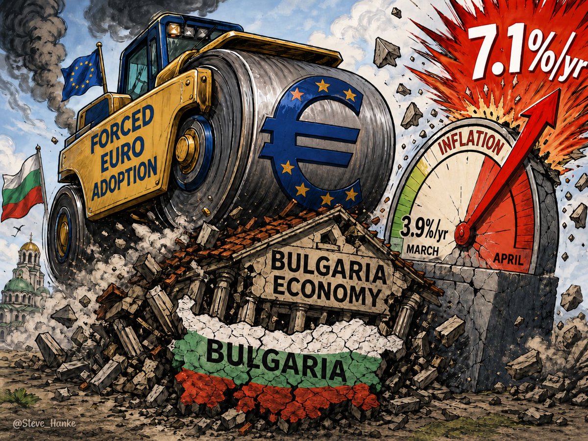 TodorBelenski's tweet image. Bulgaria’s inflation EXPLODED to 7.1%/yr in April from 3.9%/yr in March.

As the Father of Bulgaria’s currency board, I predicted an inflation SURGE with the introduction of the euro.

EURO INTRODUCTION = BAD MOVE.

@steve_hanke  

#bulgaria #inflación #eurozone