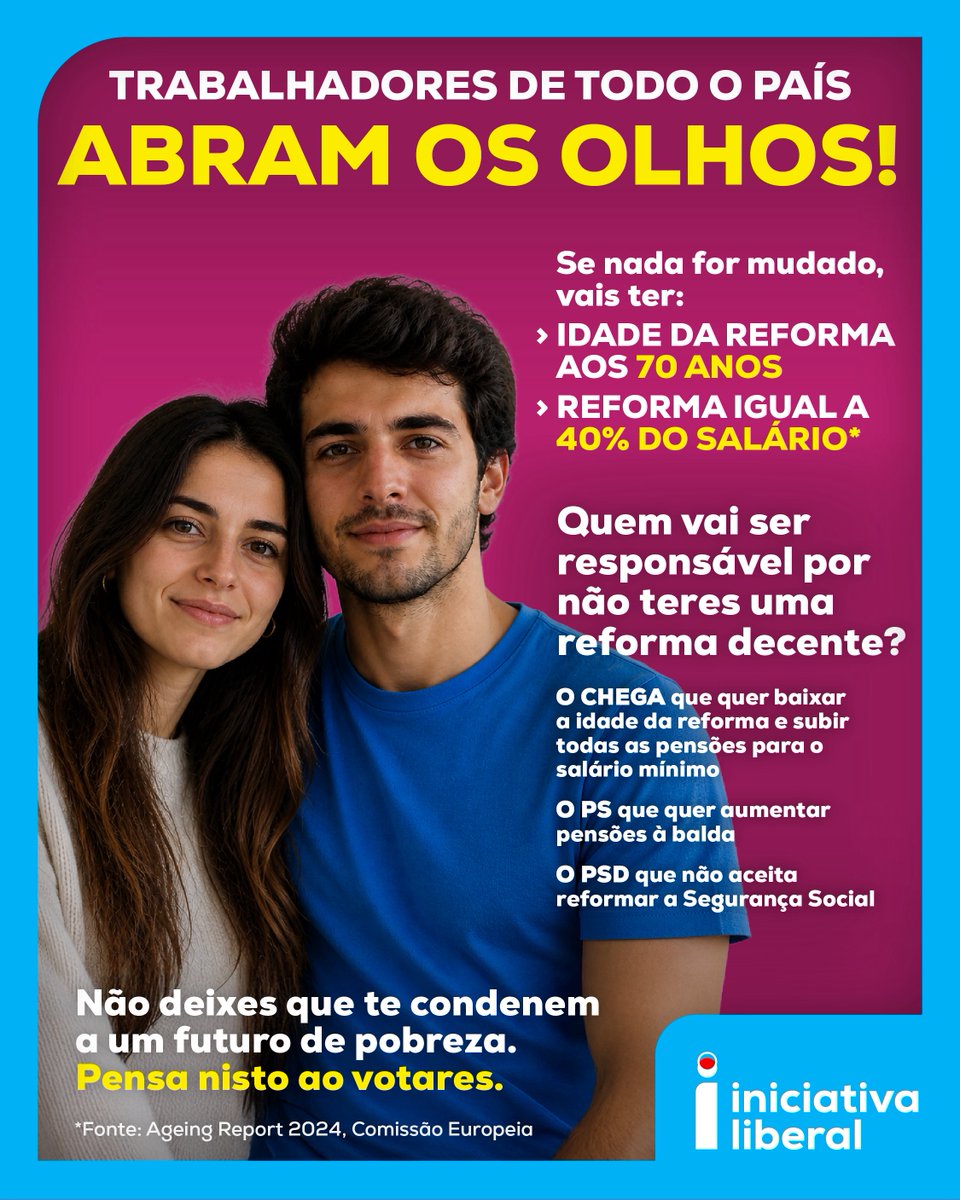 LiberalPT's tweet photo. TRABALHADORES DE TODO O PAÍS, ABRAM OS OLHOS! 

É preciso resolver o problema da Segurança Social. PS e PSD empurram com a barriga. O partido Chega quer ao mesmo tempo baixar a idade da reforma e aumentar todas as pensões para o salário mínimo, para rebentar com a Segurança Social de vez. 

Não deixes que te condenem a um futuro de pobreza. Pensa nisto ao votares. 

A Iniciativa Liberal propõe um modelo que combina solidariedade com responsabilidade, garantindo sustentabilidade a longo prazo e proteção para as futuras gerações. Continuar a prometer aumentos sem base económica, como faz a maioria dos partidos, é irresponsável e injusto, sobretudo para
os mais jovens.

A Iniciativa Liberal propõe uma reforma em 3 pilares:

Pilar I – Repartição Pública 

Sistema solidário, universal e proporcional às contribuições. Com pensão mínima garantida e teto máximo
para assegurar a sustentabilidade.

Pilar II – Capitalização Obrigatória

Contas individuais obrigatórias. Permite retorno direto sobre contribuições e
maior autonomia do cidadão.

Pilar III – Capitalização Voluntária

Liberdade total para poupar mais para a reforma, com incentivos fiscais. 
Acesso a fundos públicos, privados ou
mutualistas.