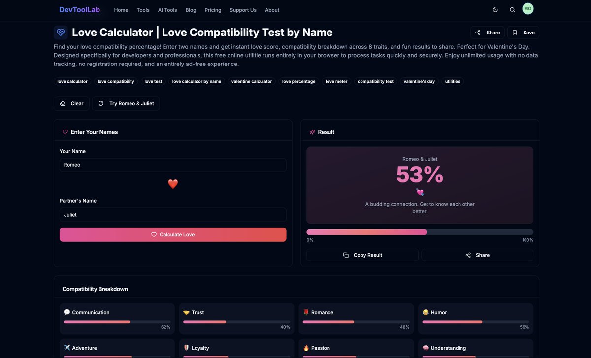 devtoollab's tweet photo. ❤️ New on DevToolLab
Check your love compatibility 😄
Fun, quick &amp; shareable.
Try it 👇
https://t.co/uD5MtPwIVj
#FunTools #LoveCalculator #DevTools #SocialMedia https://t.co/lauRhPa0ut