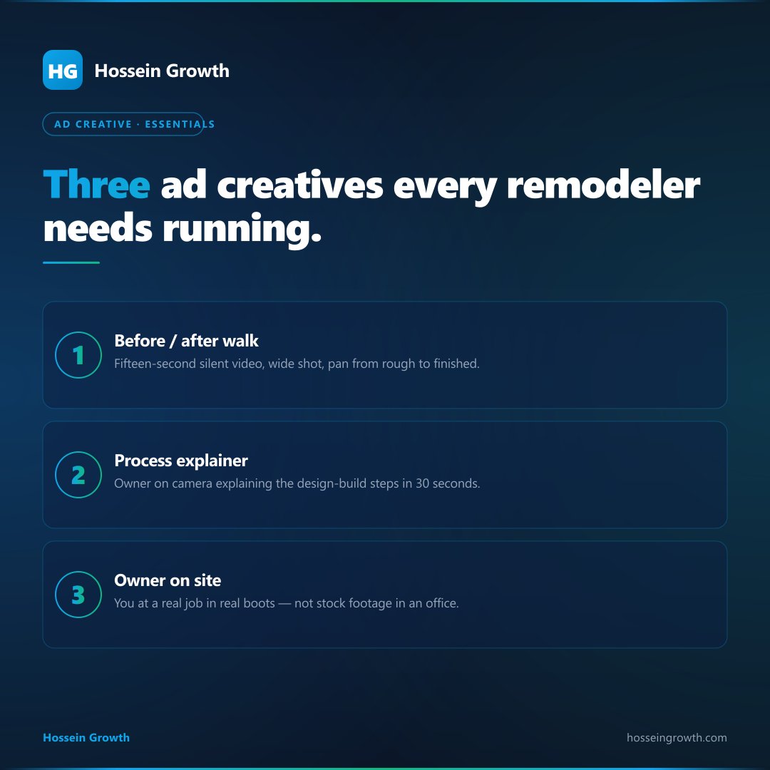 HBuzoda's tweet image. Three ad creatives every remodeler needs running:

1. Before-after walk (silent, 15 sec)
2. Process explainer (you on camera, 30 sec)
3. Owner on site (real boots, real job)

No stock. No magazine kitchens. Just you.

Save this if you run ads.

#HomeRemodeling #Contractor #Growth