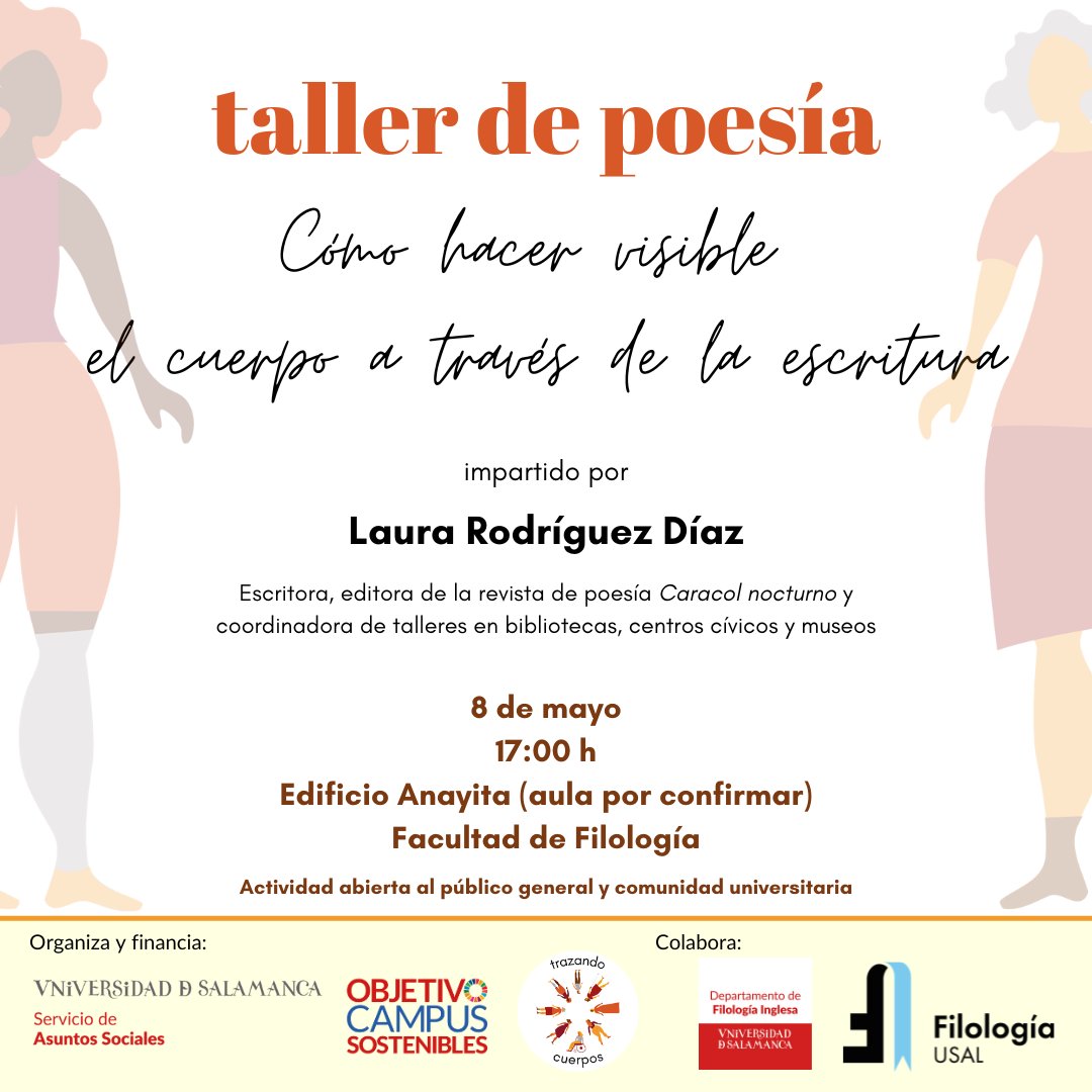 TrazandoCuerpos's tweet photo. 🎉 ¡Nos hace mucha ilusión compartir nuestro taller de poesía «Cómo hacer visible el cuerpo a través de la escritura», impartido por @laurarguezdiaz !

🗓️ 8 de mayo, 17:00 h en @FilologiaUsal de @usal 

🤝 Actividad gratuita abierta al público general.

➡️ https://t.co/mRZcIYQaeD https://t.co/mAwUnuDHMg