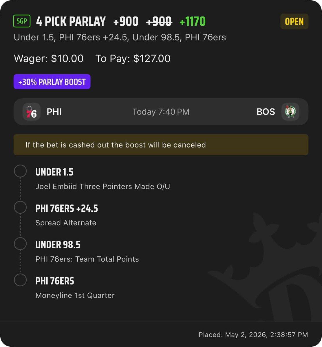 GhostEVplays's tweet image. 🏀 DraftKings NBA SGP Boost

🏀 +1170 (FV +1065.09)
+EV: 8.97%
Playing: 0.06 Unit Promo Max

#draftkings #sports #nba #basketball