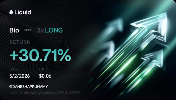 _daneshappuhamy's tweet image. 🚀 Just crushed a +30.71% return on my 3x LONG Bio PERP with Liquid! 

Exited clean at $0.06 today. Leverage trading hitting different 🔥 

Loving this platform! Who’s next? 

#Liquid #CryptoWins #crypto