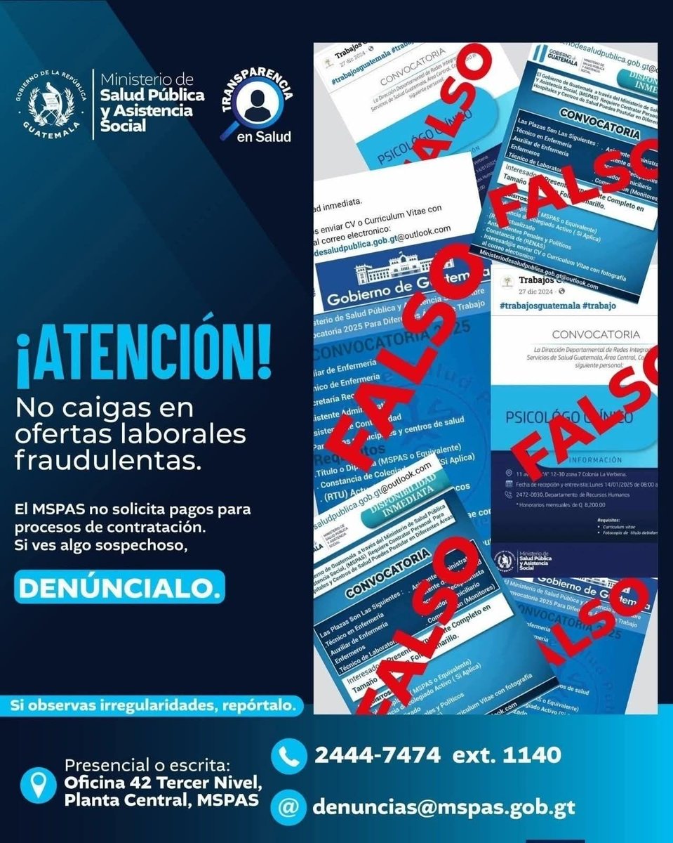 RadioPuntoGT's tweet image. #NACIONALES 🇬🇹 | Ministerio de Salud alerta sobre ofertas laborales en redes sociales, las cuales son falsas. La cartera hace el llamado a denunciar este tipo de acciones de personas inescrupulosas. 

Vía: Edición RP 

Para más información y cobertura de noticias, síganos en