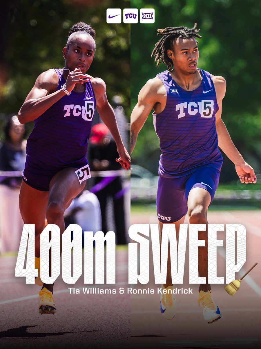 TCUTrackField's tweet photo. Tia and Ronnie take the 400m titles at the Horned Frog Invitational 🏆

#GoFrogs | #NCAATF https://t.co/CfqY8zQhYv