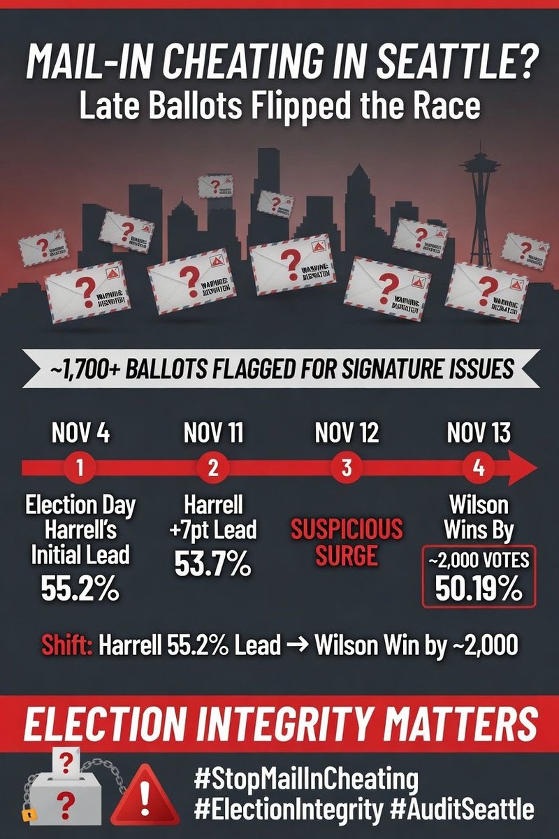 TurnSeattleRed's tweet photo. @mirandadevine 🚨MAIL-IN CHEATING IN SEATTLE?🚨
Late Ballots Flipped the Race for @MayorofSeattle.
#StopMailInCheating #ElectionIntegrity #AuditSeattle #SecureOurVote @DOJFraudDiv @jasonrantz https://t.co/Eh9GQjAIDm