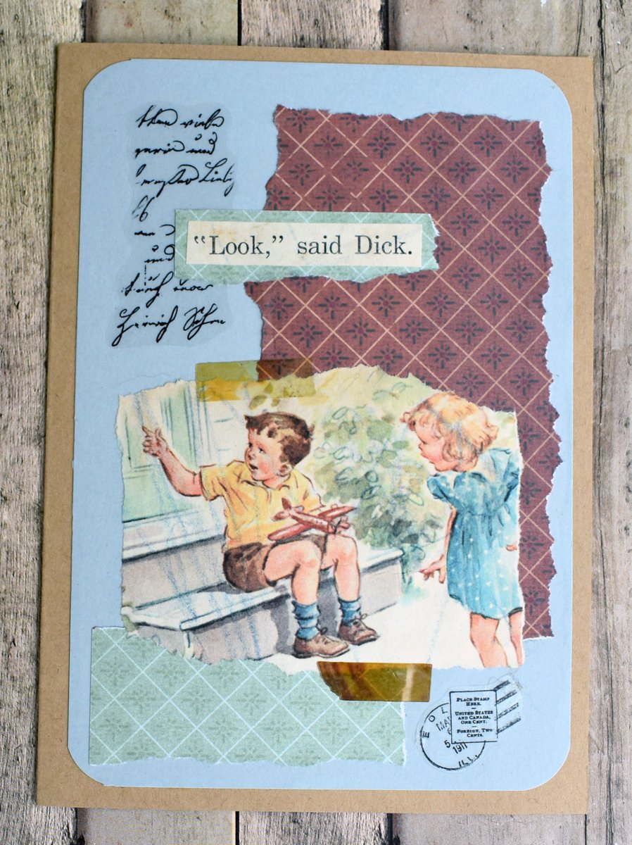 JanetteFuller's tweet image. I made this collage greeting card with an illustration from a damaged "Fun With Dick and Jane" book. An aspiring young artist scribbled on many of the pages with pencil and crayon. These illustrations make me feel nostalgic for a simpler time.

#collage #collageart #analogcollage