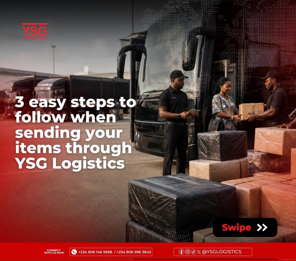 YSGLOGISTICS's tweet photo. From drop-off to delivery, we keep it simple and seamless.
Follow the steps, we’ll handle the rest. 
#YSGLogistics #LogisticsNG #LagosLife #DeliveryMadeEasy #NaijaBrands https://t.co/7oMdWmuScz