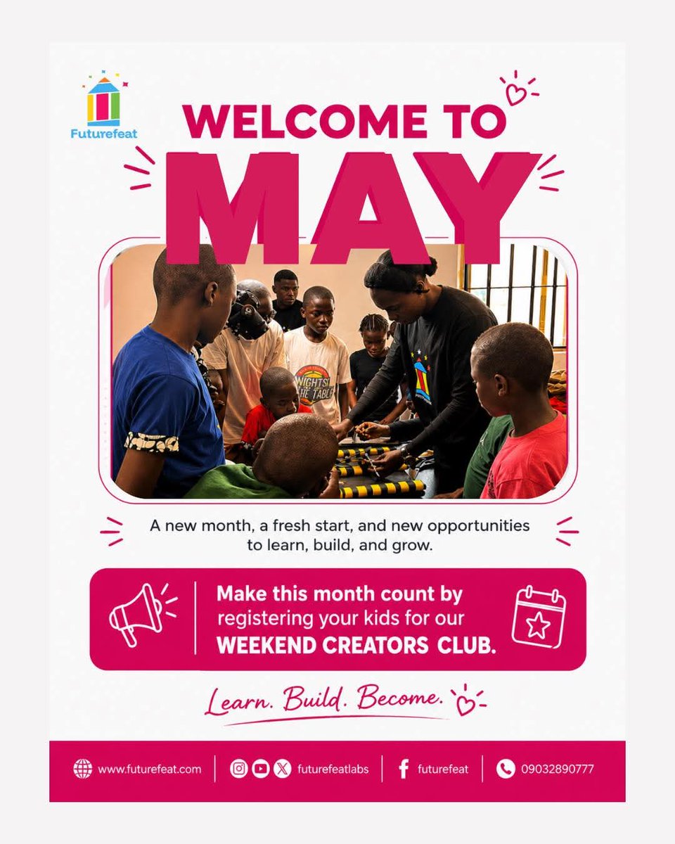 Happy new month!
And don’t forget to register your kids for our weekend creators club which is ongoing

Click on the link below for registration 

forms.gle/C7shFQmgzb5Bgx…

#Futurefeat #Weekendcreatorsclub  #RegisterNow