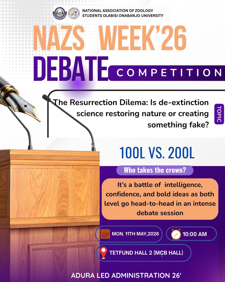 NAZS_OOU's tweet image. What happens when science brings the extinct back? 

100L 🆚 200L debate it out 🔥

📅 May 11
⏰ 10AM
📍 Tetfund Hall 2

Who takes the crown?  
#debate #competition #Science