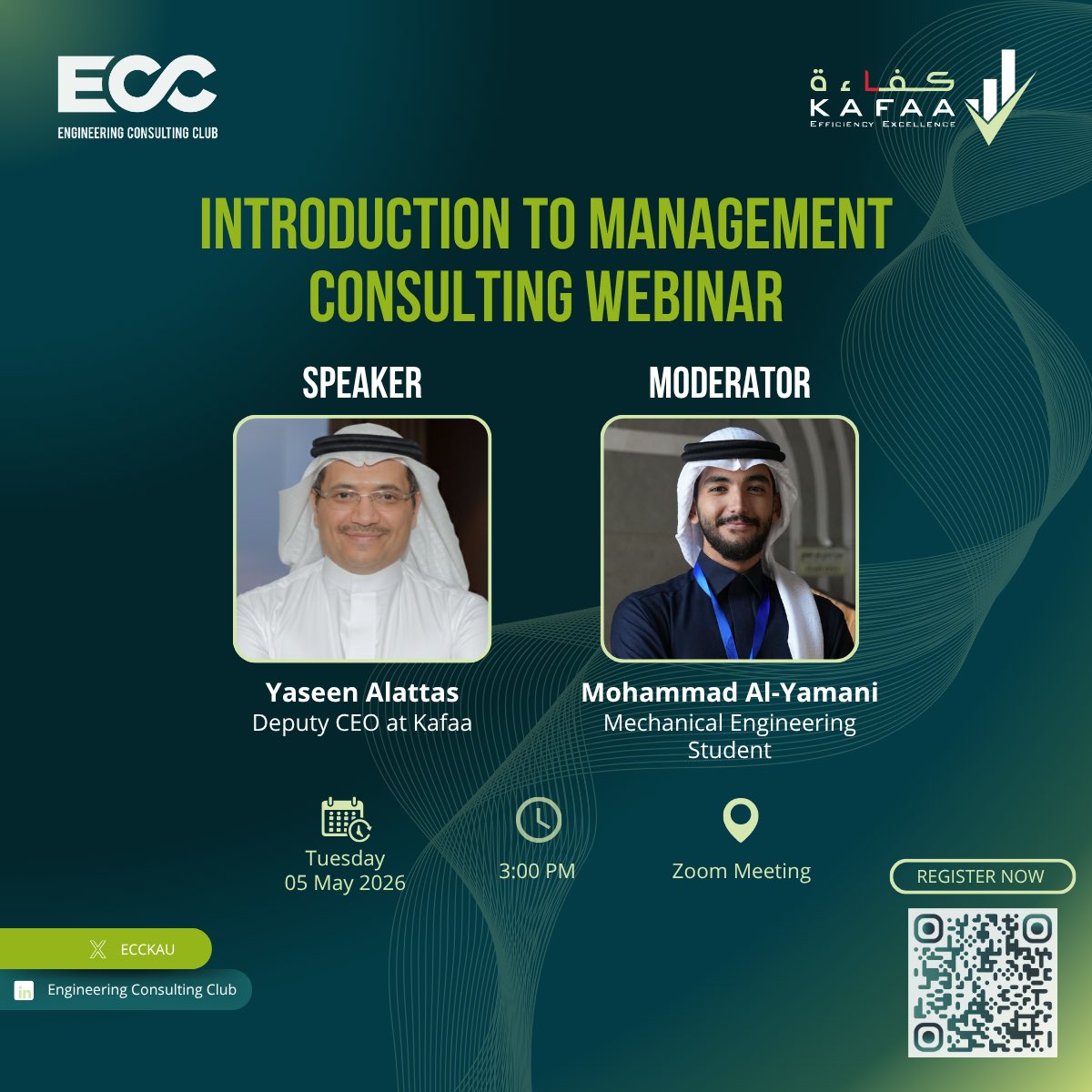 ecckau's tweet photo. ECC is excited to bring you an exclusive Introduction to Management Consulting webinar in collaboration with @Kafaa_Sa

Featuring Yaseen Alattas, and the Deputy CEO at KAFAA, sharing real insights into the consulting world.

Don’t miss this opportunity! 💼

#ECC_KAU https://t.co/IrOtHy3aOi