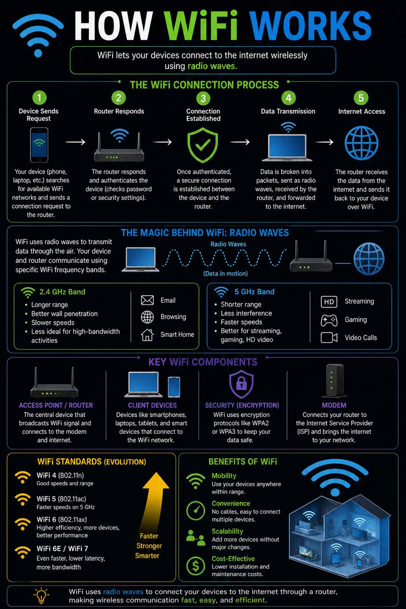_VivekVats's tweet image. WiFi isn’t magic… it’s science 📡

📡 Uses radio waves
📶 2.4GHz vs 5GHz
⚡ Speed vs Range trade-off
👉 Full guide here:
 debuggerlabs.com/p/how-wifi-wor…
#WiFi #Networking #TechExplained #Internet