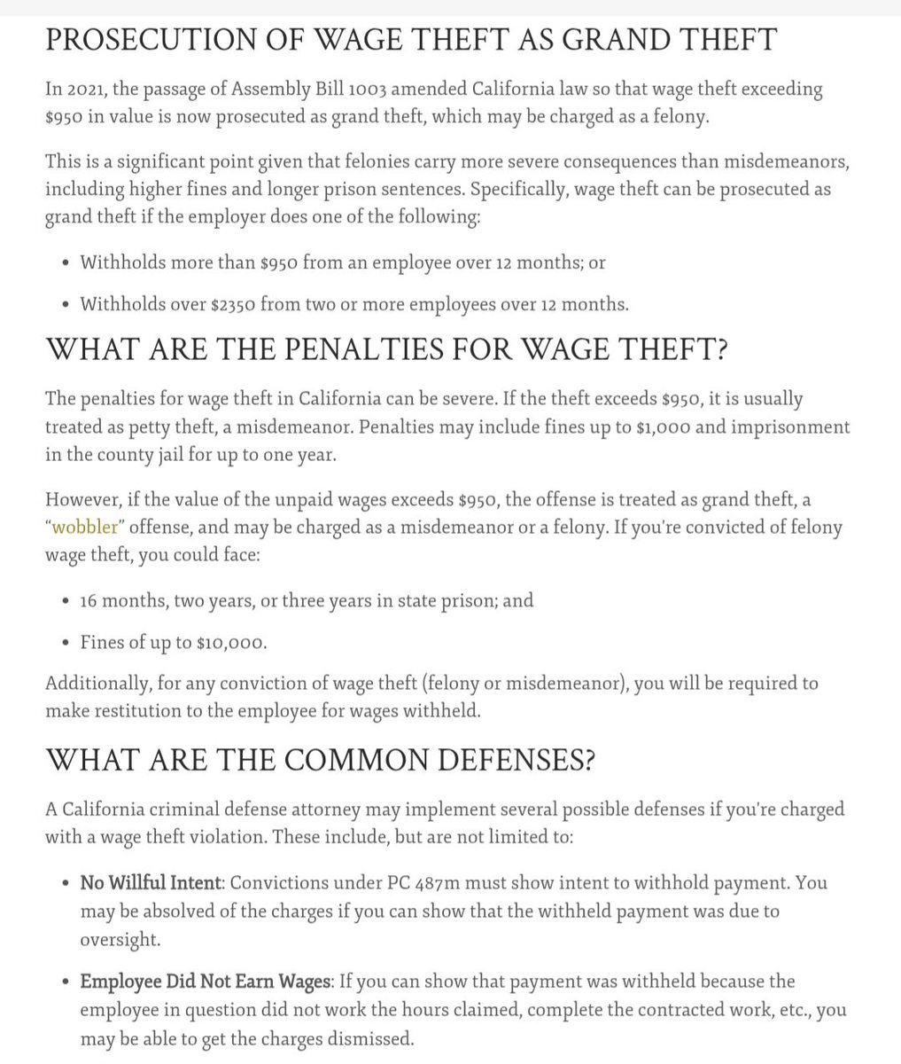 alex_behrend's tweet image. Failure to pay rightful wages in SO MANY circumstances is a #criminal offense in California

I can't speak for the rest of the state, but too many politicians in SF don't want to use massive law enforcement resources to protect all of us likely #victims of this prevalent #crime