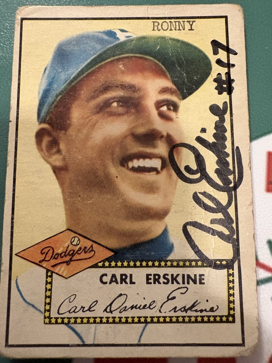 BobbySTL1936's tweet image. While building the 1952 @Topps set. I noticed a # of the cards I bought had Ronny stamped on the front. A few weeks ago the Erskine was on eBay. I had to add this Ronny! I’m giving this to Cooper next week. National Junior Honor Society induction. @CardPurchaser #baseballcards