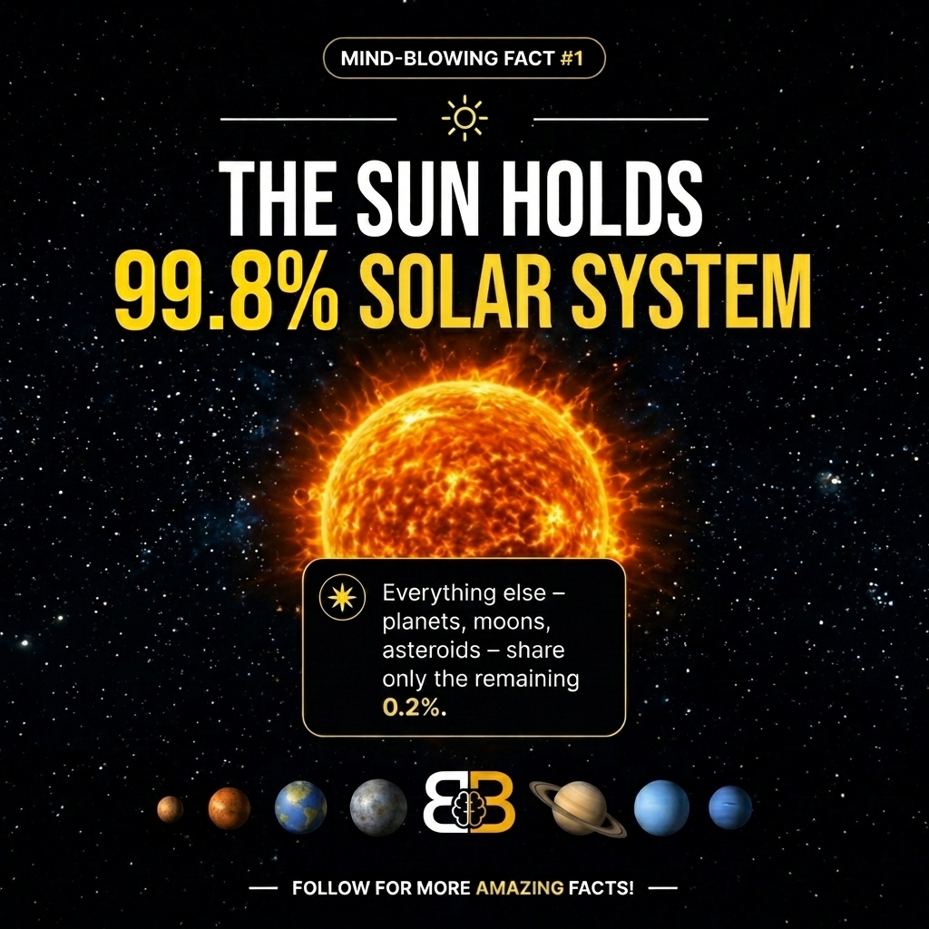 Brain_Buffet's tweet photo. The Sun is the ultimate heavyweight, holding 99.8% of our solar system's total mass! ☀️ Everything else from Earth to the most distant asteroids makes up just the remaining 0.2%.

#SpaceFacts #Astronomy #TheSun #MindBlowingFacts #SolarSystem #ScienceDaily #SpaceExploration https://t.co/1pUtO75dJ5