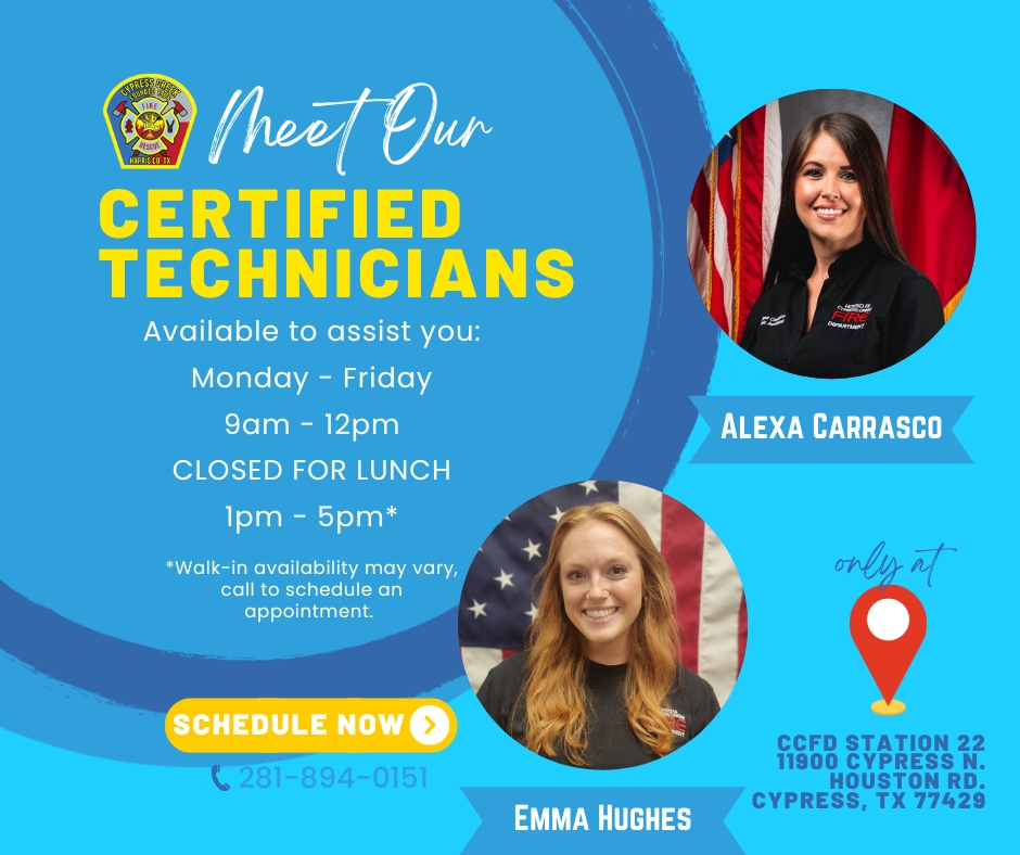 cypresscreekfd's tweet image. Meet our certified car seat technicians! Available Monday–Friday to assist you at CCFD Station 22. Call to schedule your appointment and experience expert service from our dedicated team. 🚒🔧 #CypressCreekFD #CommunityFirst