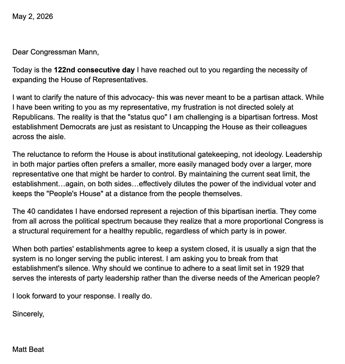 beatmastermatt's tweet photo. Today marks the 122nd straight day of writing my Unrepresentative, Tracey Mann, about how he needs help responding to the concerns of his 760,000 constituents. After all, he's only responded to my concerns once in 122 days. Seems like he could use some help.

#projectnocap https://t.co/gGgnti4a5C