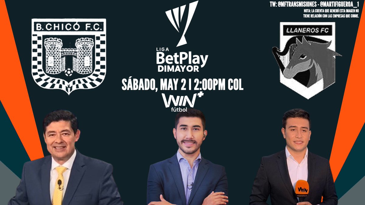 MFTransmisiones's tweet photo. 🇨🇴 @LigaBetPlayD 2026-I - Fecha 19

@BCHICOFCOFICIAL ♟️ - @ClubLlanerosFC 🐎

Relator: @RamiroDP
Comentarista: @camusbernal
Campo de Juego: @omarfpachon

📺: @WinSportsTV + Fútbol

📱 ¡Síguenos! https://t.co/1pVvRaFzkA