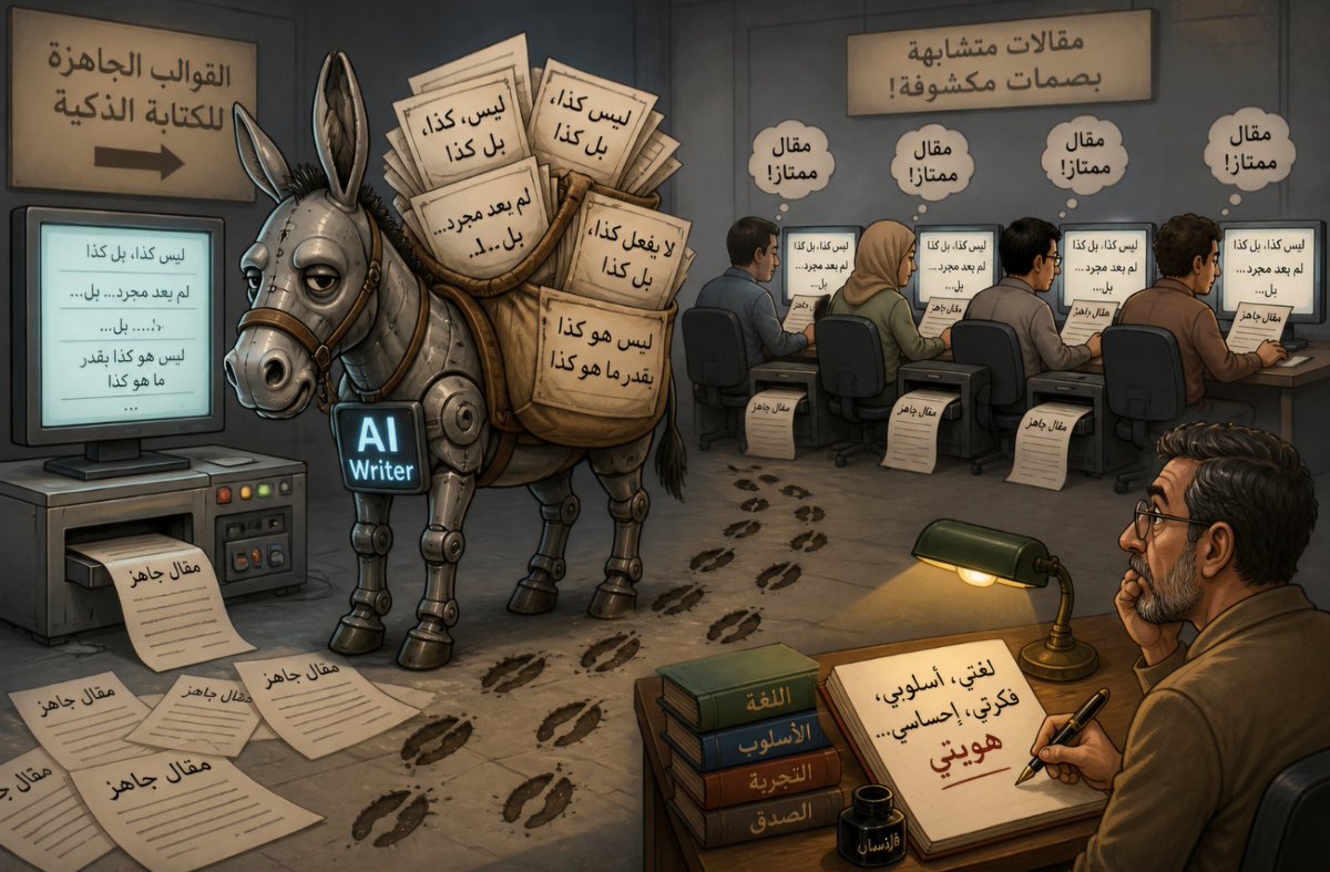 almamari20001's tweet photo. عن حمار الذكاء الاصطناعي!

سليمان المعمري
جريدة عمان. عدد الأحد 3 مايو 2026:

https://t.co/DJOKGfJA43

أندهش أحيانًا من اطمئنان بعض كتبة الذكاء الاصطناعي إلى أن قراءهم لا يعرفون «تشات جي بي تي»، أو لم تصادفهم بَعْدُ تلك القوالب الجاهزة التي يخلّفها في النصوص كما تخلّف عجلة سيارة دفع رباعي آثارها على رمل الشاطئ، وأنه يمكن أن ينطلي على هؤلاء القراء مقالٌ أو نصٌّ مكتوب بنمط "الذكاء" الممل، وهم بذلك أشبه بمن يُطلِق رائحة نفاذة في غرفة ضيقة ثم يظن أنْ لنْ يشمها أحد.
وإذا كان علماء اللغة العربية عدُّوا بحر الرجز (مستفعلن مستفعلن مستفعلن) حمارَ الشعراء لكثرة ما يُحمَلُ عليه من قصائد ومنظومات تعليمية (مثل ألفية ابن مالك)، فإن ما يعادله لدى كتبة الذكاء الاصطناعي هو نمط (ليس كذا، بل كذا) الذي صار وأشباهه حمار الذكاء الاصطناعي. وأقول «أشباهه» لأنها تأتي أحيانًا في صيغ من قبيل (لم يكن كذا، بل كذا)، و(لا يفعل كذا، بل كذا)، و(ليس هو كذا بقدر ما هو كذا). والمثير للسخرية أن هؤلاء لا ينتبهون أنه كلما كان المقال قصيرًا، سَهُل كشف هذه الأنماط المتكررة.
على سبيل المثال نشرت صحيفة عُمانية الأسبوع الماضي مقالًا لكاتبة يدعو إلى تخصيص شواطئ للمرأة، يحمل بصمات واضحة من لغة الذكاء الاصطناعي. إذ ترد فيه عبارات من مثل: "ليست المطالبة بتخصيص شواطئ للمرأة دعوةً للعزل أو الاختلاف، بقدر ما هي محاولة لإيجاد مساحة آمنة...."، و"تخصيص شواطئ [..] لا يمسّ القيم المجتمعية، بل يُعزّزه"، و"السباحة ليست ترفًا، بل نشاط بدني"، و"الحديث عن شواطئ مُخصّصة للمرأة ليس قضية موسمية، [..] بل هو نقاش أوسع"، و"لا يبدو مطلبًا صعب المنال؛ بل خطوة حضارية". هذا النمط المتكرر من العبارات (مع أنماط أخرى لا تتسع المساحة لذكرها) تكرر في مقال قصير من 400 كلمة فقط!
مثال آخر، كتبه صحفي عماني على صفحته في فيسبوك؛ وهو رسالة لشاب على هيئة نص قصير من 300 كلمة يشكره فيها على اضطلاعه بمهمة الحفاظ على أشعار أبيه بإصدارها في كتاب، وهو أمر يستحق عليه الابن الشكر والإشادة بالتأكيد، ولكن ليس بهذه الطريقة الآلية. الرسالة حوت أنماطًا شائعة أخرى من أنماط "الذكاء" مثل (في زمن يركض سريعا)، لكن النمط الأكثر وضوحا هو (ليس كذا، بل كذا). يكتب الصحفي مثلا:  "الابن الذي لم يكتفِ بأن يكون امتدادًا بيولوجيًا لاسم أبيه، بل اختار أن يكون امتدادًا حيًّا لروحه.."، و"رسالةٍ خفيفة [..] لا ترسل نصوصًا فحسب، بل تُعيد إيقاظ..."، و"كأن ساعي البريد [..] لا يسلّم طردًا، بل يستعيد زمنًا.."، و"كتابٌ [..] لا يشي فقط بجهدٍ في الجمع والتوثيق، بل يكشف عن بصيرةٍ"، و"الشعر لا يُحفظ في الرفوف بقدر ما يُحفظ في القلوب"، ثم يصل التكلّف إلى ذروته حين يخاطب النصُّ الشاعرَ الراحل قائلًا: "ذريتك ليست أسماءً تُذكر، بل ذاكرةٌ تتحرك [..] لا كأثرٍ ماضٍ، بل ككائنٍ حيّ يستمر". بعدها يختم الرسالة بتكرار شكر الشاب: "شكرًا لك [..]، لا لأنك أنجزت كتابًا فحسب، بل لأنك أنصفت الأب". ومن وجهة نظري فإن كلمة "شكرا" واحدة خارجة من صميم الفؤاد كانت كافية للتعبير عن امتنانه، بدلا من هذه الرطانة المصطنعة.
وإذا كنتُ قد ضربتُ هنا أمثلة لكتابات عُمانية فإن المؤكد أن شيوع هذه القوالب، بما تهدده من تحويل "أسلوب الكاتب" إلى شيء من الماضي، يتجاوز الحالة العُمانية، ويجعلها مشكلة عربية بامتياز. كتب الروائي السوداني حمور زيادة على صفحته في فيسبوك منشورًا ساخرًا ينتقد فيه هذه الصيغة تحديدا: «لم يعد الأمر كذا فحسب، بل…»، بحيث أنك لو سألت تشات جي بي تي عن "لمبة" مناسبة للصالة سيجيبك على الفور: "إن تغيير لمبة الصالة لم يعد مجرد استبدال مصباح بآخر، بل ..."، ويخبرنا حمور أن هذا النمط من كتابة الذكاء الاصطناعي، الذي يسميه ساخرًا «البلبلة»، انتقل إلى منشورات ومقالات كثيرة حتى صار يهدد بجعل الكتابة متشابهة ومفتعلة وخالية من الروح.
أما الروائي السوري إسلام أبو شكيّر فقد نشر منشورًا ساخرًا هو الآخر يخاطب فيه من أسماهم "جماعة الذكاء الاصطناعي"، طارحًا عليهم السؤال الطويل التالي: "صحيح الفيسبوك ليس مجرد منصة تواصل اجتماعي.. والوطن ليس مجرد قطعة أرض.. والرياضة ليست مجرد تسلية.. والدجاج ليس مجرد طائر.. والهواء ليس مجرد غازات؟!!!".
ومن البديهي طبعًا التأكيد أنه لا يمكننا الجزم تمامًا بأن كل من يوظف هذه الصيغ في كتابته مرة أو اثنتين يعني أنه يكتب بالذكاء الاصطناعي، فقد تكون هذه لغته في الأصل، ومفرداته التي اعتادها، لكن تكرارها كثيرًا في مقال قصير هو الذي يفضح أن آلةً ما هي التي اقترحتْها لا عقلٌ بشري. 

يتبع في التغريدة القادمة ......