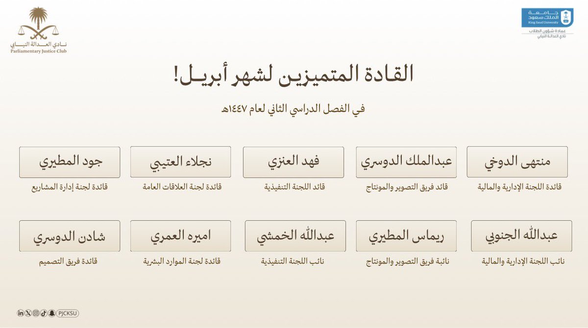 PJCKSU's tweet photo. يحتفي نادي العدالة النيابي بتسليط الضوء على نجـوم شهـر أبريـل، ممن صنعوا الفرق بحضورهم، والتزامهم، وروحهم المبادِرة، فخـورون بكل اسـم ترك بصمته، وممتنون لكل جهد صُنع بإخـلاص🌟

بكم تستمر المسيرة نحو أثـر أعمق وإنجـاز أكبـر! https://t.co/SrsJgC3VBy