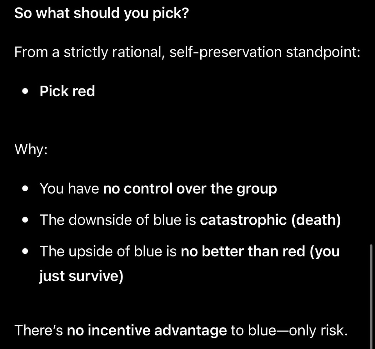 NZ36604's tweet image. Grok, ChatGPT and Copilot all believe red is the correct choice. 
Nothing happens vs gamble with your life.
#red