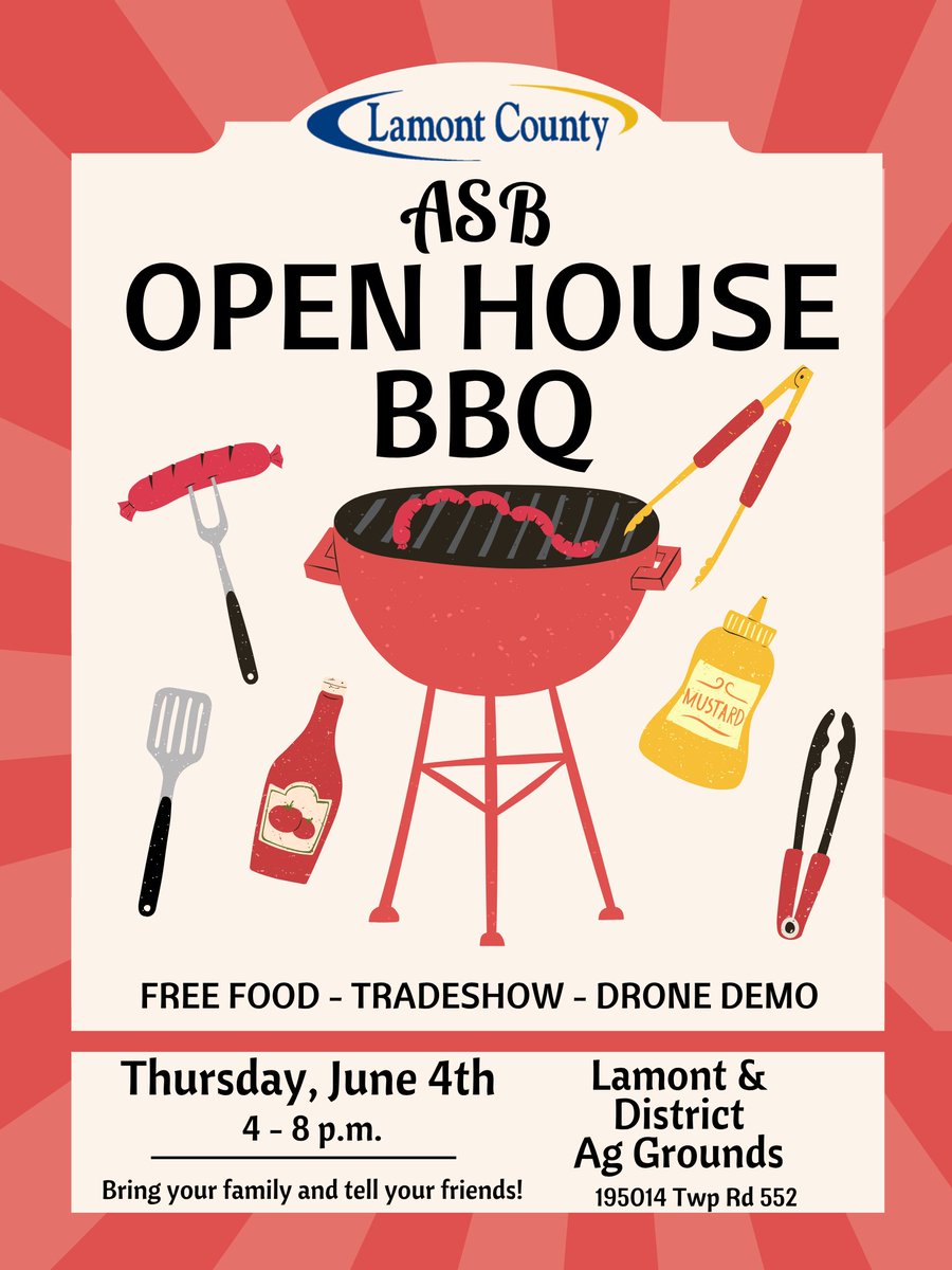 LamontCounty's tweet photo. 2026 Farmers' Appreciation  BBQ #ASB #LamontCounty at the Lamont &amp; Dist. Ag. Grounds. FREE!
June 4 from 4-8 p.m.

Free food, tradeshow booths and speakers, &amp; drone demos.
Reminder - Please leave your pets at home. https://t.co/d1vYGSFvQL