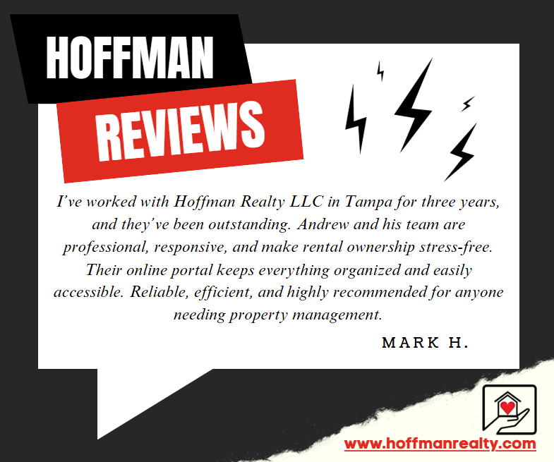 HoffmanRealty1's tweet image. Thank you, Mark, for the 5⭐ review! We’re glad Hoffman Realty could make your rental ownership stress-free and organized. Appreciate your trust and recommendation! 🏡 #HoffmanRealty #TampaRealEstate #PropertyManagement #5StarReview
