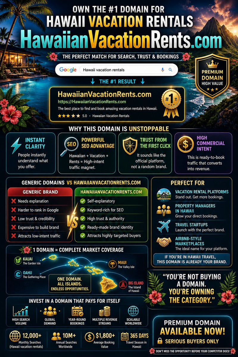 VeloZix73151's tweet image. 🌊 HawaiianVacationRents.com  available now.
Clear. Direct. Powerful.

✅ Strong keywords
✅ Instantly understandable
✅ Ready-made brand

🎯 Ideal for vacation rental platforms, property managers &amp;amp; travel startups.

#DomainForSale #Hawaii #VacationRentals #lamansiónvip 
#brøndby