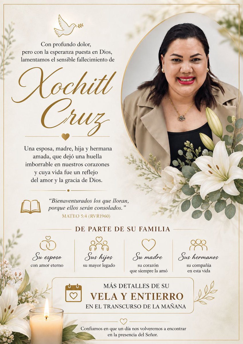 ESTIMAD@S COMPAÑER@S CON PROFUNDO DOLOR LES COMUNICAMOS QUE NUESTRA AMADA COMPAÑERA XOCHIL CRUZ CANO FALLECIO HACE UN MOMENTO 
POR ESTE MEDIO LE ENVIAMOS NUESTRO MAS SENTIDO PESAME A SU FAMILIA,  ORAMOS A NUESTRO BUEN PADRE DIOS PARA QUE LES CONCEDA FORTALEZA Y PAZ.