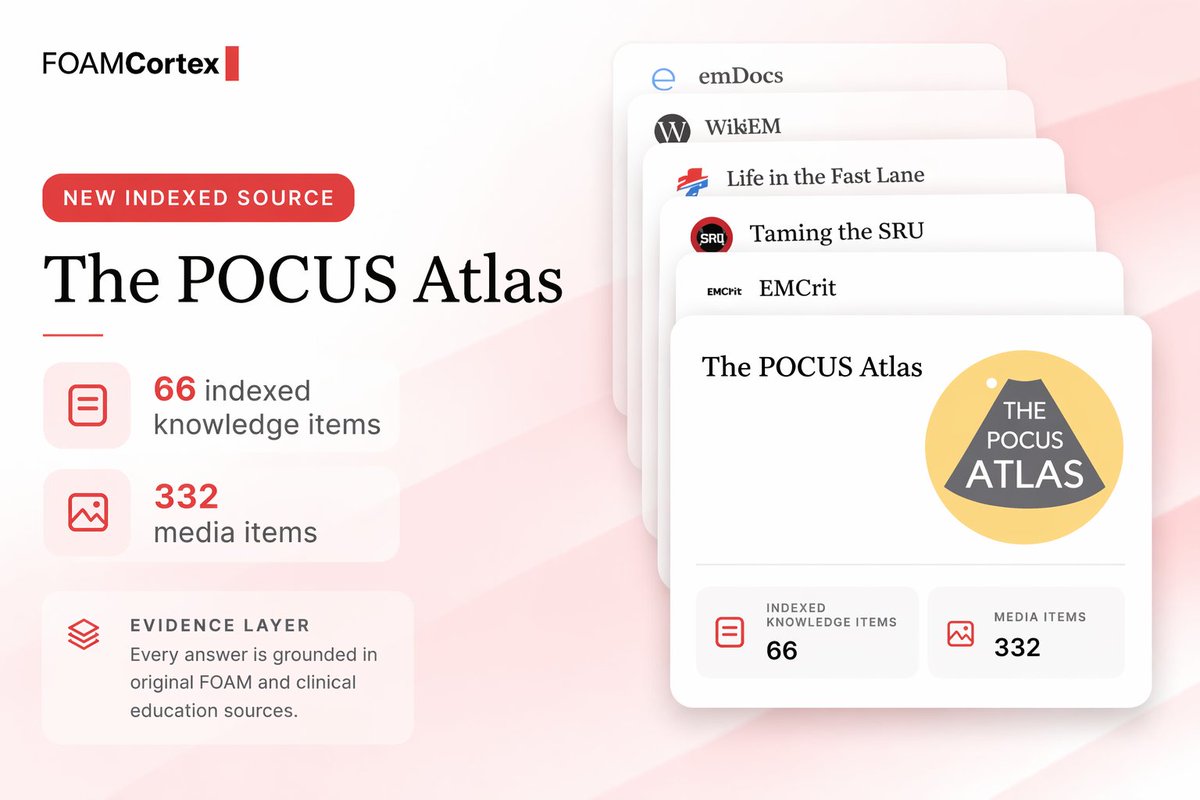 FOAMCortex's tweet photo. FOAM Cortex now includes The POCUS Atlas: free, collaborative POCUS education with curated ultrasound images, cases, and scanning resources.

Indexed: 66 knowledge items + 332 media items.

Source: https://t.co/Qh60PdZLYM
Library: https://t.co/oAIvvxvr7G https://t.co/ab7m7DR0pu