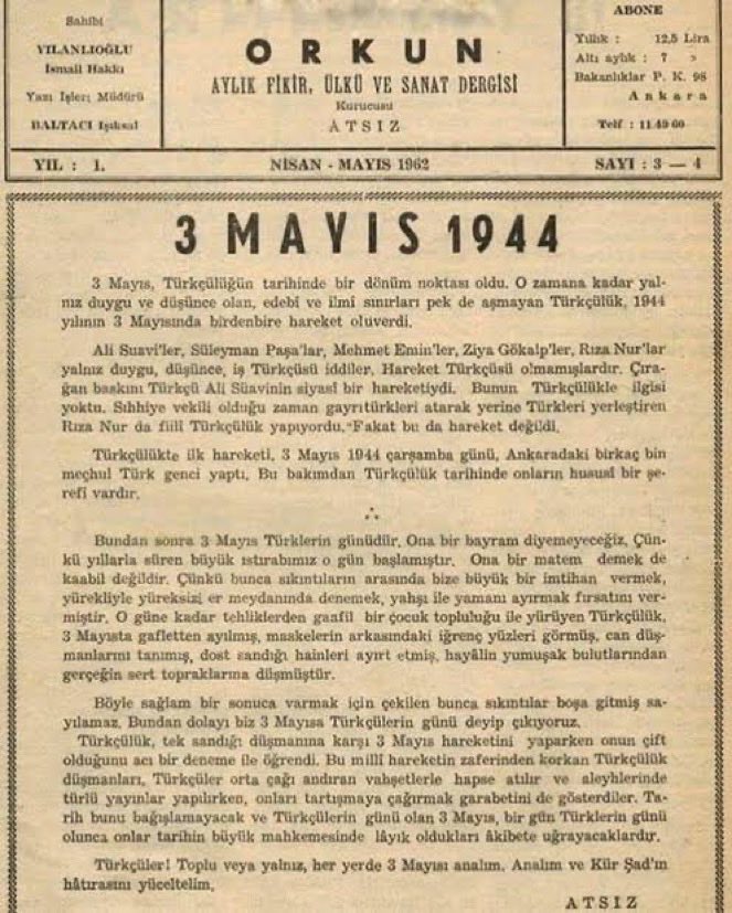 3 Mayıs; devletin kurucu felsefesi olan Türk milliyetçiliğini yok sayan zihniyete karşı, Türk'ün direniş ve diriliş çağrısıdır. Kutlu olsun. 3 Mayıs kahramanlarının ruhu şad olsun.
#TürkçülerGünü
#3MayısTürkçülerGünü