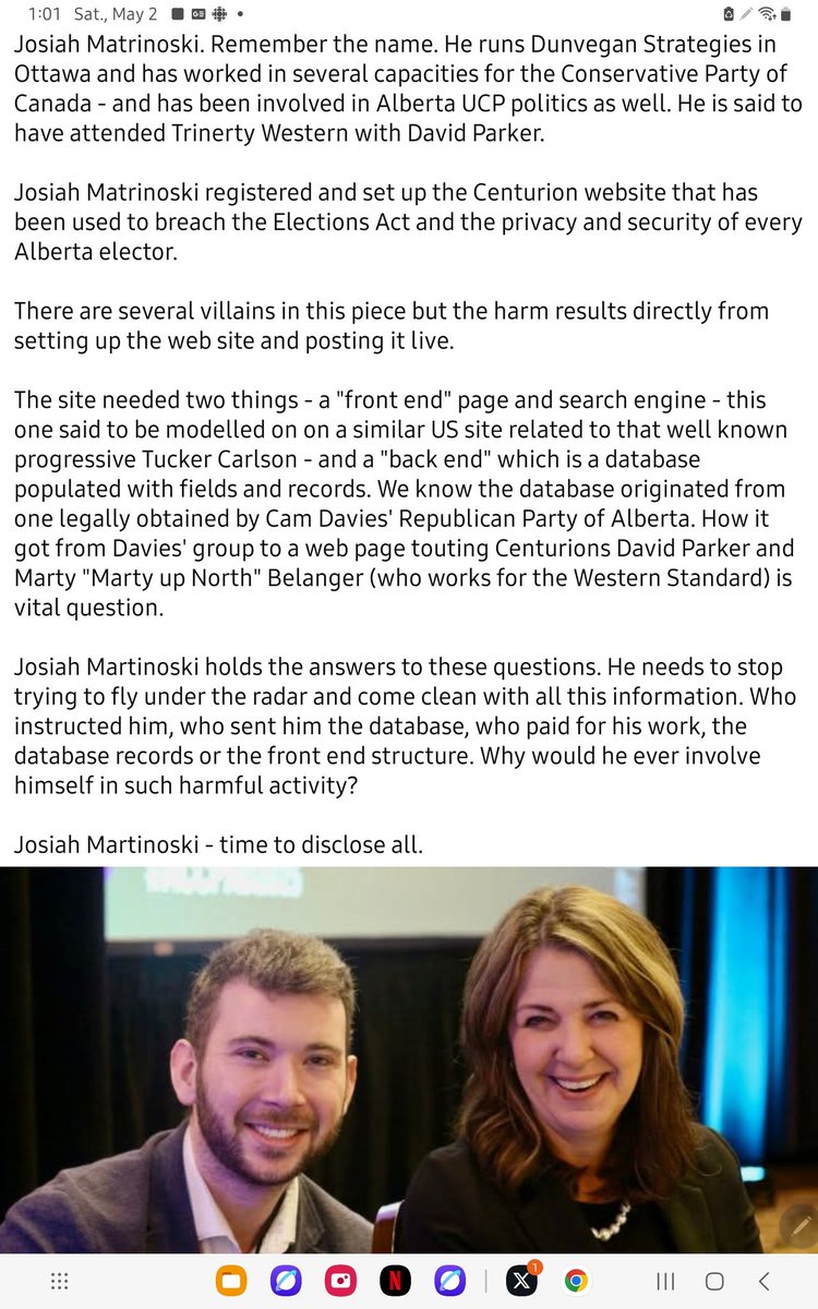 Kathy_Edm's tweet image. @ABDanielleSmith posing with #JosiahMatrinoski, the creator of David Parker's Centurion Project. Guilty armies roots grew from here. #UCP #CORRUPTION #Maga connections.