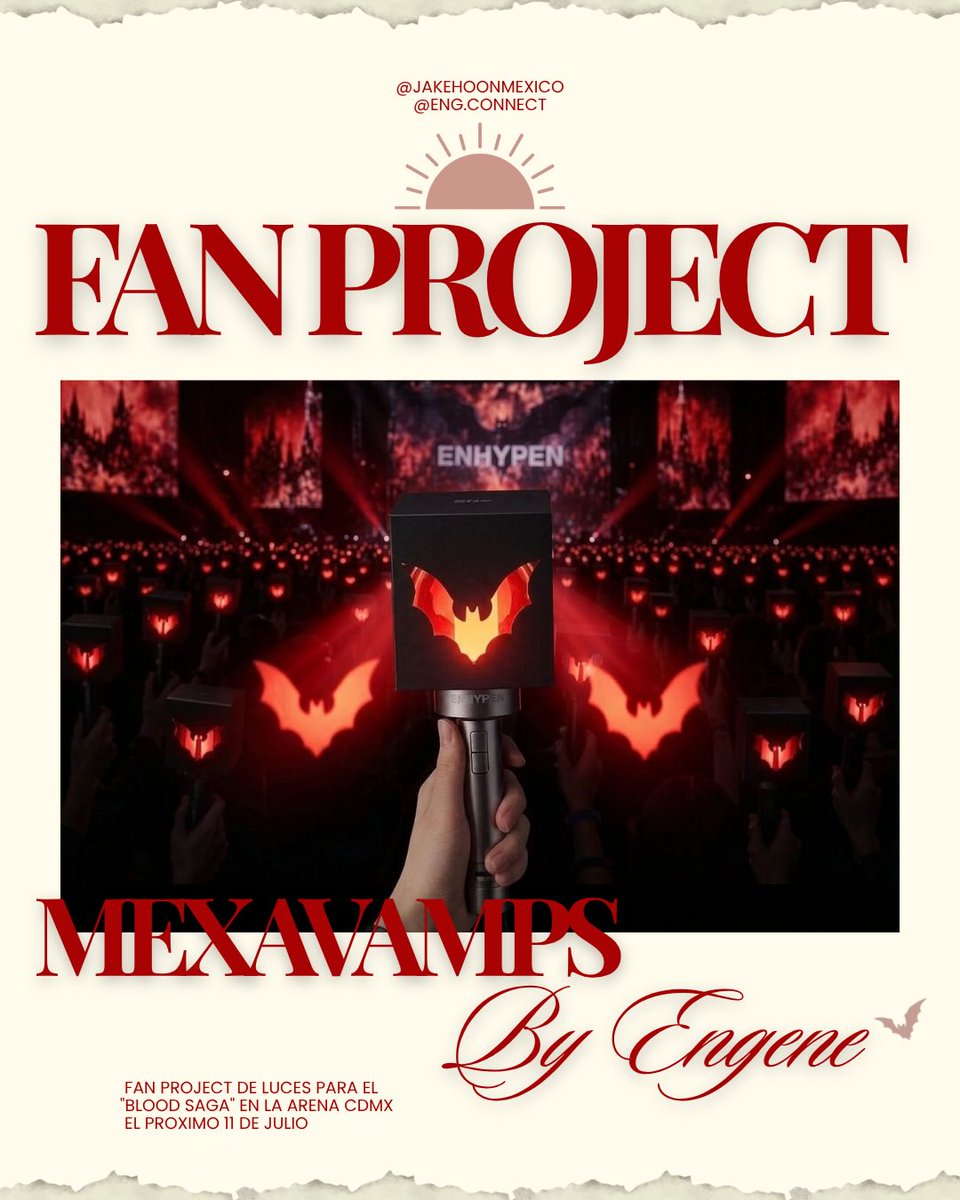 JakehoonMexico's tweet photo. MEXAVAMPS 🦇🩸🇲🇽Hola Engene, estamos muy emocionados de poderte compartir el primer fanproject para este próximo 11 de julio, en el concierto de @ENHYPEN en la @ArenaCdMexico. Esperamos que puedas formar parte de esto y también estamos en busca de personitas que nos quieran ayudar. Si estás interesada, comunícate a cualquiera de las siguientes redes sociales. 
Post para la información completa https://t.co/06ISWwxXGy
#enhypen #engene #bloodsaga #enhypen_in_mexico