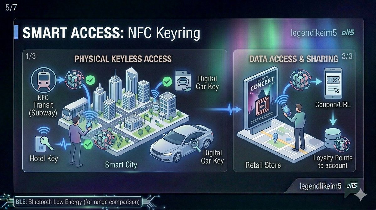 LegendLikeIm5's tweet image. 5: ​Smart Access

NFC is More than payments. 

It's your hotel key, subway pass, &amp;amp; car key. 
NFC turns your device into a digital keyring for a frictionless day.

#SmartCity #UXDesign #legendlikeim5 #eli5